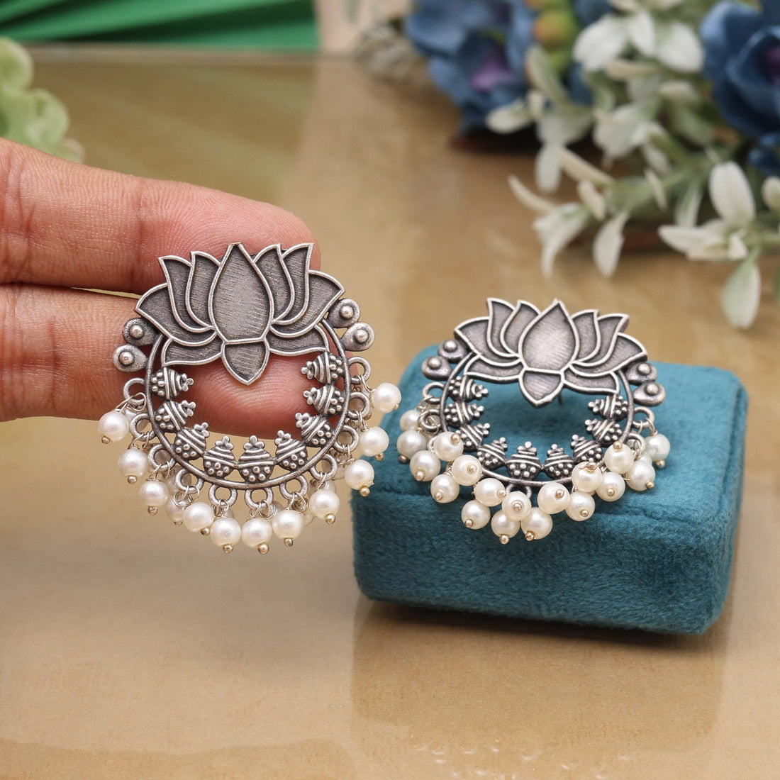 Lotus Oxidised Earrings