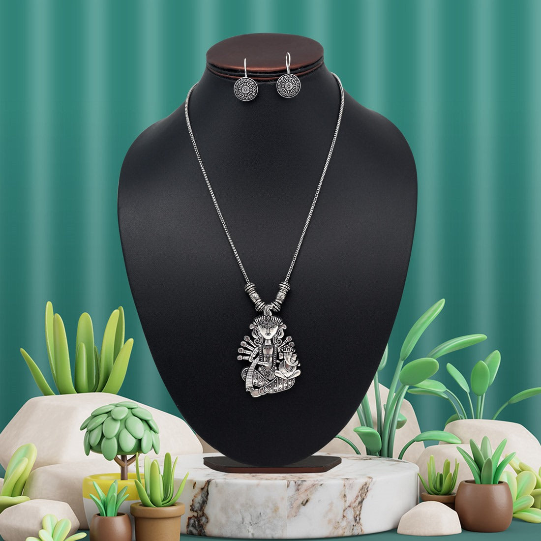 Silver Oxidised Goddess Necklace Set