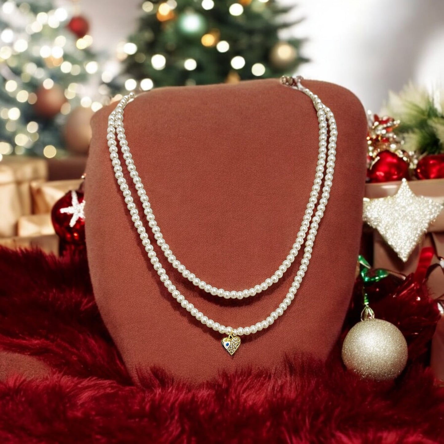 Layered Heart Pearl Necklace