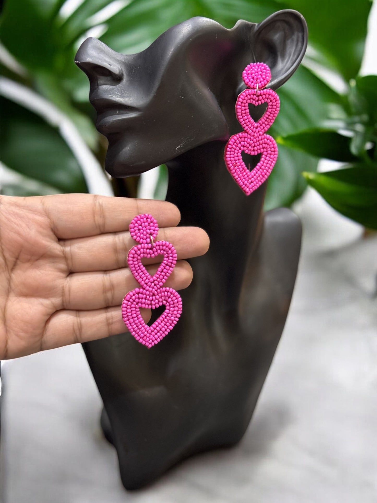 Pink Heart Handbeaded Earrings