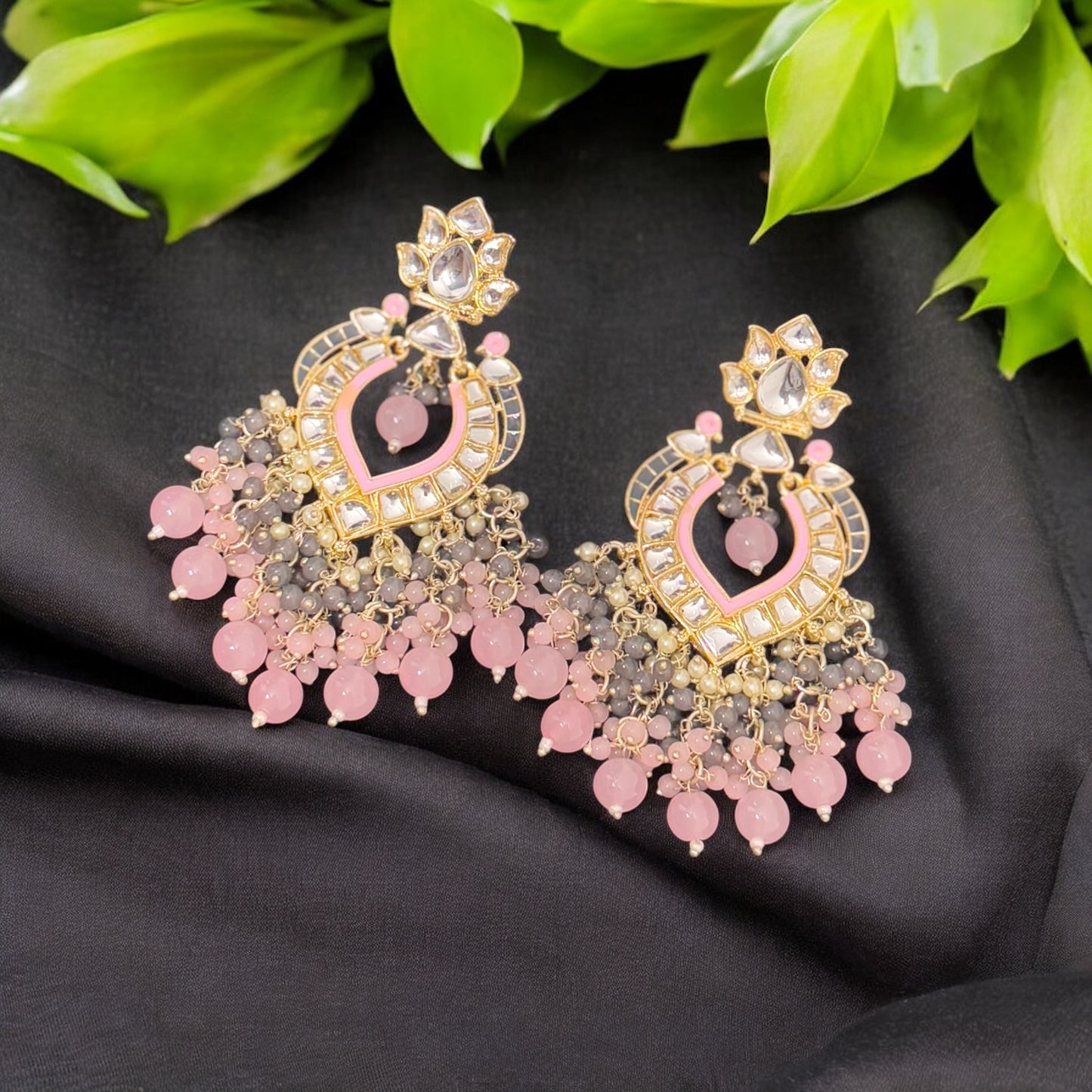 Pink & Grey Kundan Earrings