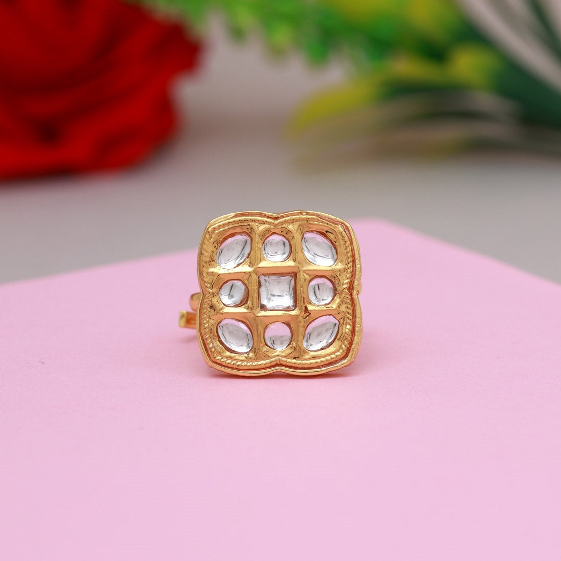 Square White Kundan Ring