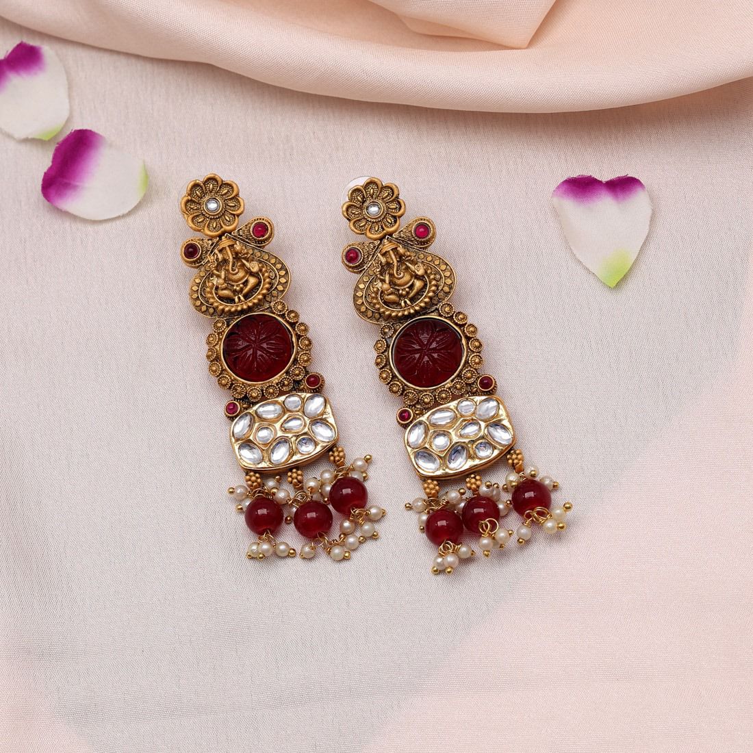 Maroon Kundan Temple Earrings