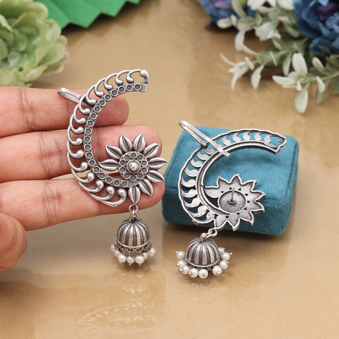 Flower Jhumki Oxidised Earrings