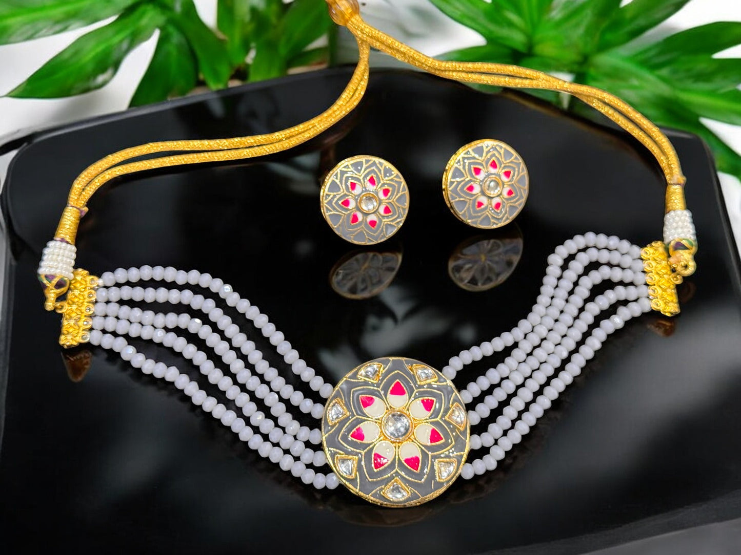 Grey Meenakari Choker Necklace Set