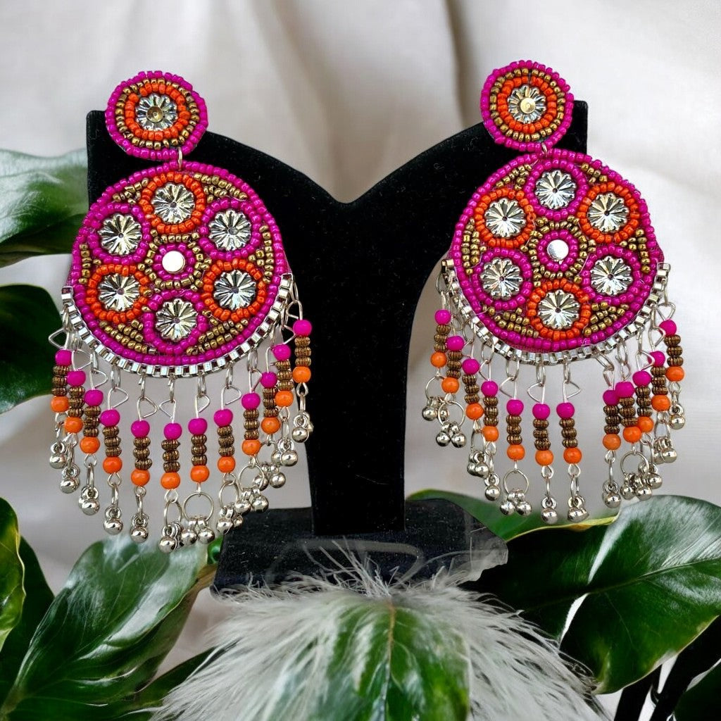 Pink And Orange Handbeaded Earrings