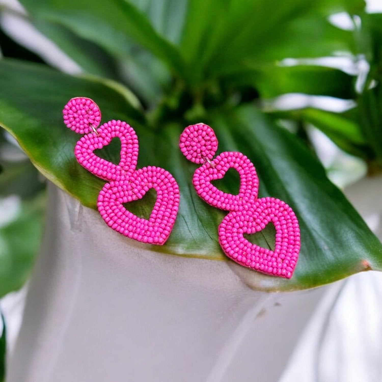 Pink Heart Handbeaded Earrings