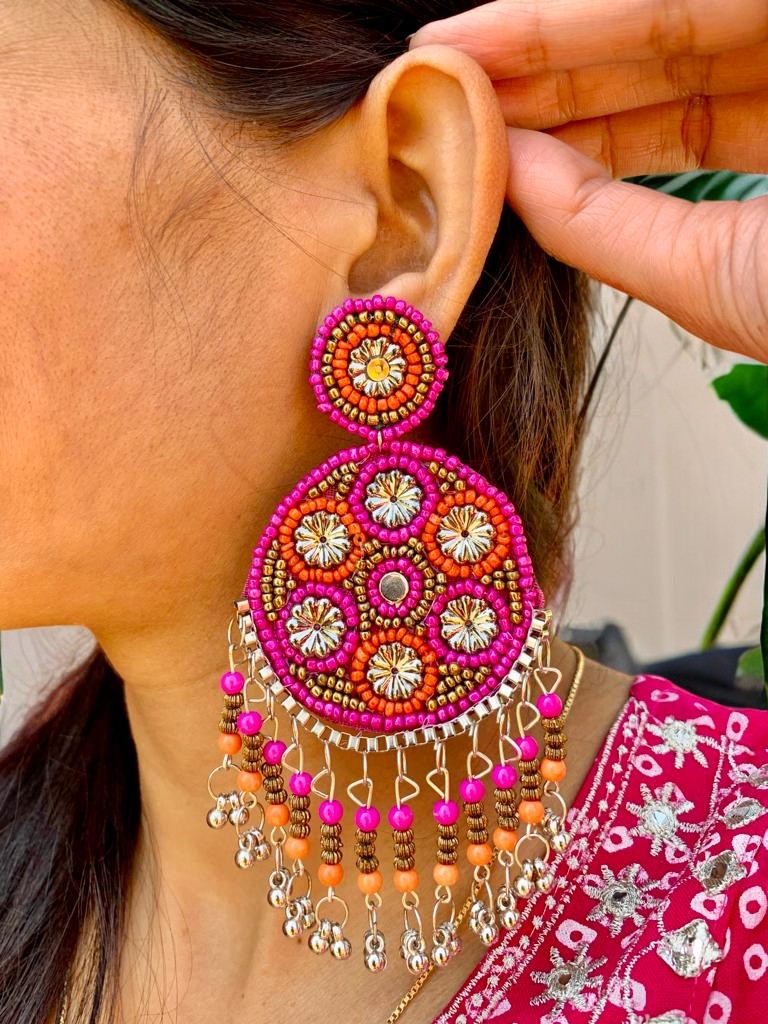 Pink And Orange Handbeaded Earrings