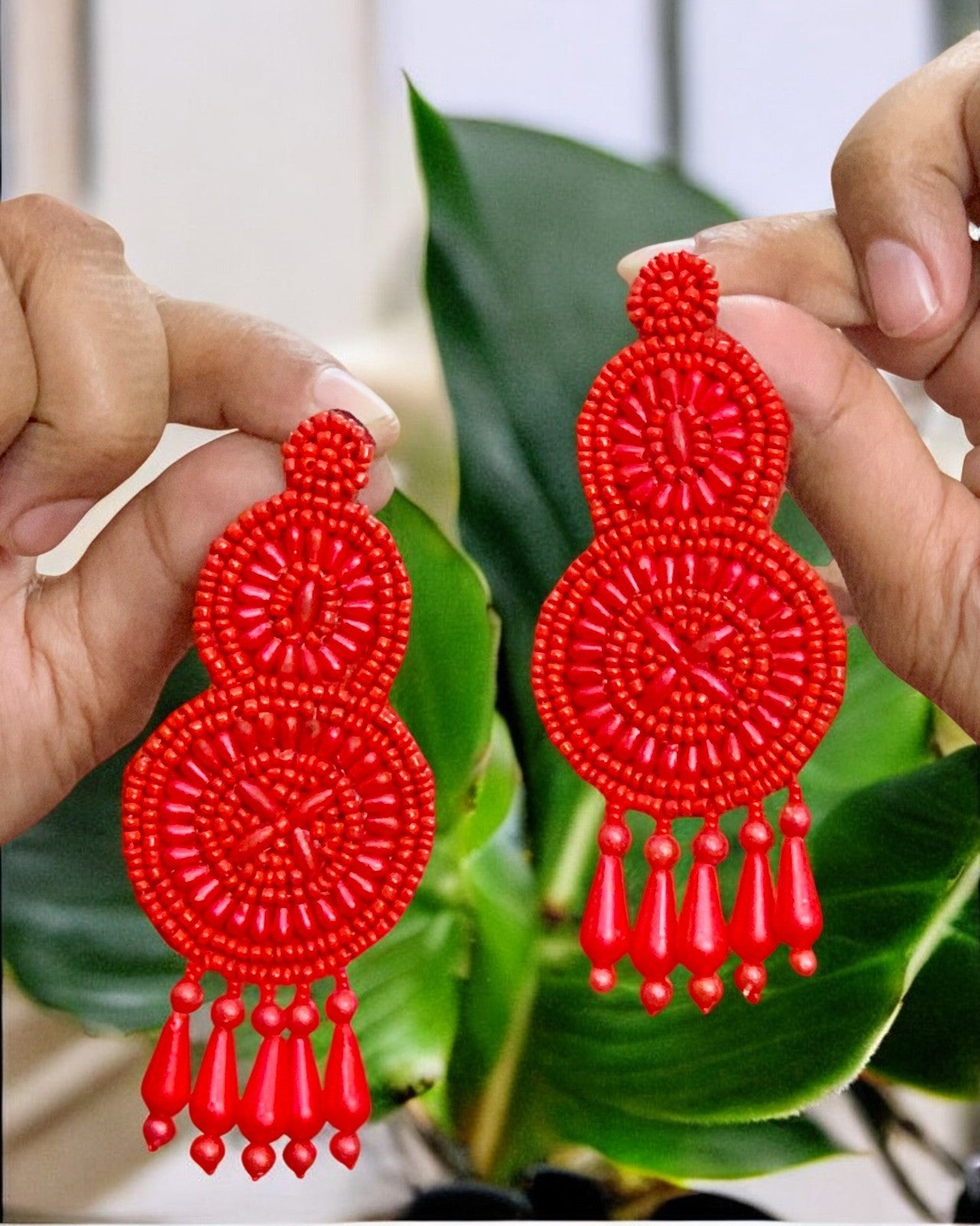 Red Dangle Handbeaded Earrings