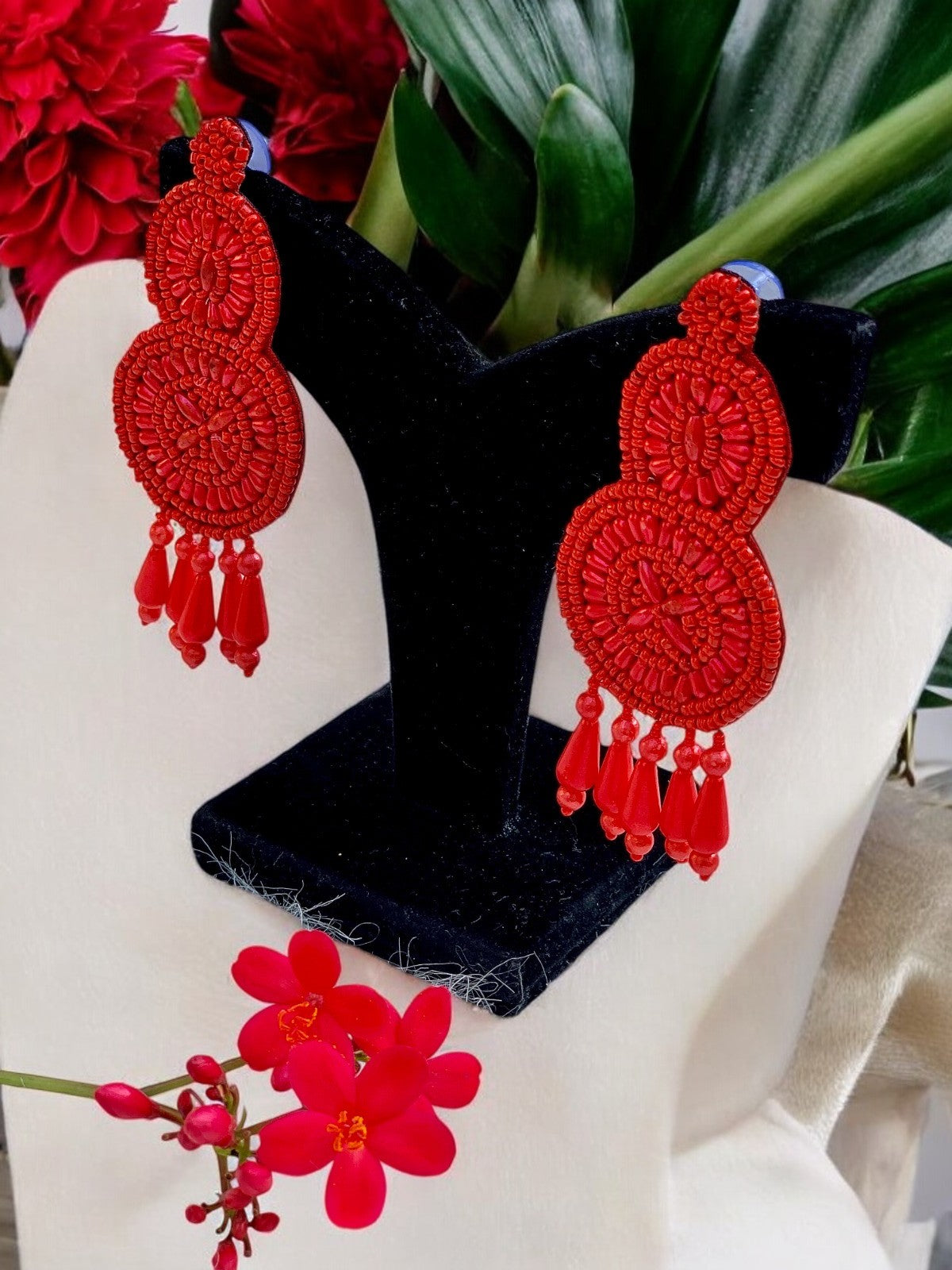 Red Dangle Handbeaded Earrings