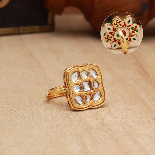 Square White Kundan Ring