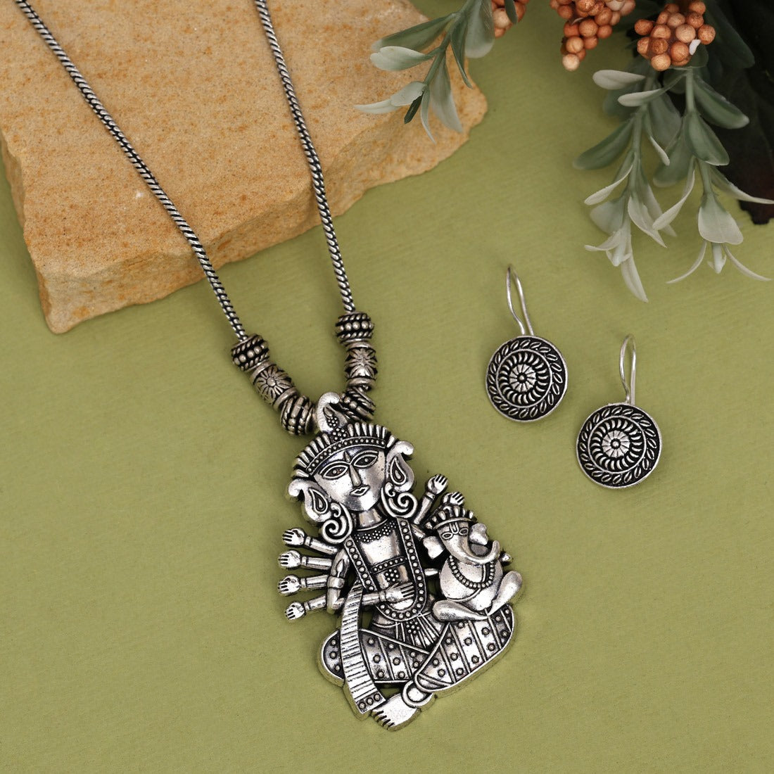 Silver Oxidised Goddess Necklace Set